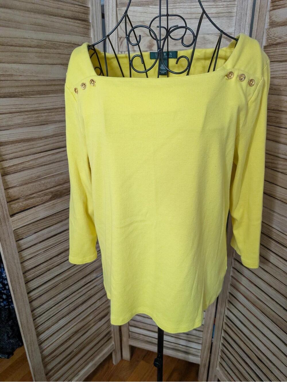 Lauren Ralph Lauren XL Yellow Cotton Button-Shoulder 3/4 Sleeve Top